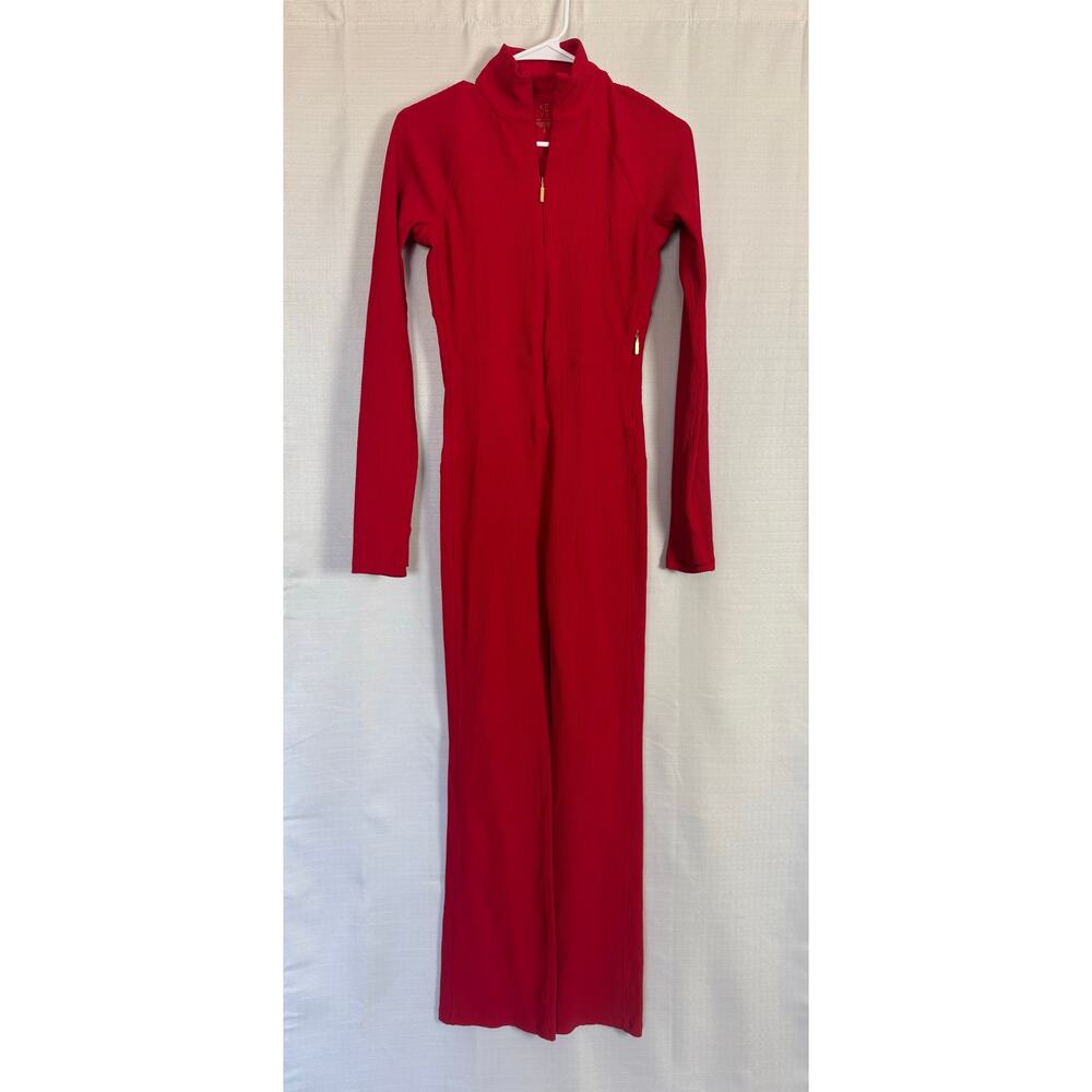 Athleta Alicia Keys Red Ribbed Jumpsuit Zip Front One Piece S - Picture 2 of 5